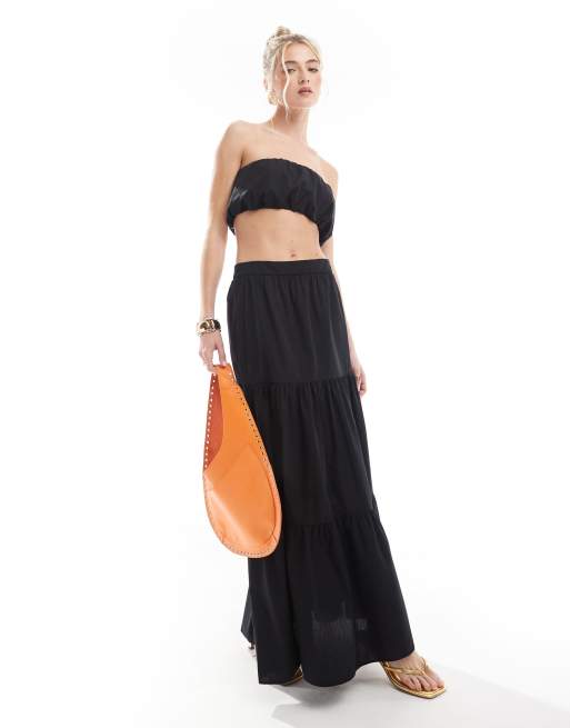 New Look - Lagdelt maxinederdel med boho-snit i sort poplin - Del af sæt
