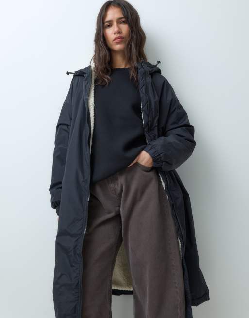 New Look lang geschnittener Regenmantel mit Fleecefutter in Marineblau, 2 von 5