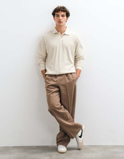 New Look långärmad polo med våffelstruktur i beige, 3 av 5