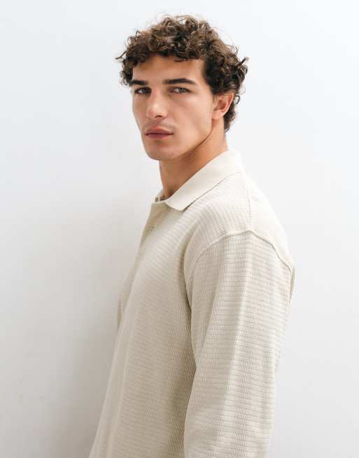 New Look långärmad polo med våffelstruktur i beige, 5 av 5