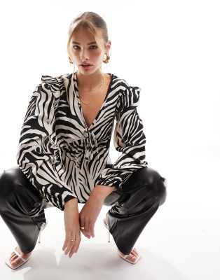 New Look - Langärmlige Bluse mit Zebraprint und Rüschen-Schwarz