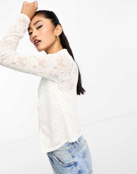 New Look – Langärmlige Hemdbluse aus Spitze in Cremeweiß - view 1