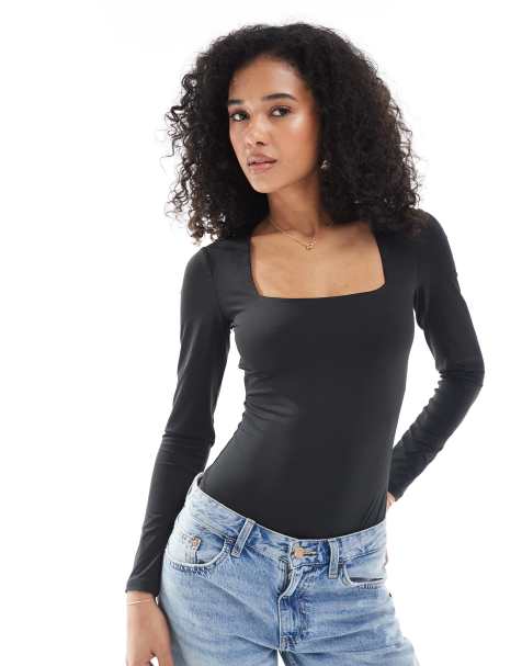 New Look – Langärmliger Body in Schwarz mit eckigem Ausschnitt - view 1