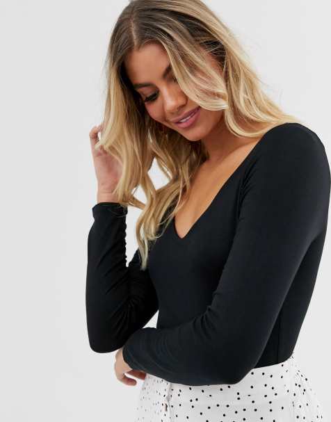 New Look – Langärmliger Body mit V-Ausschnitt in Schwarz