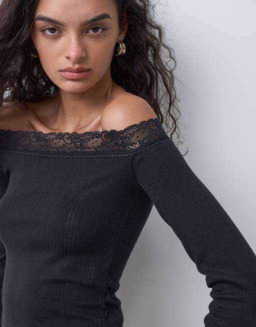 New Look langärmliges Carmen-Top mit Spitzenbesatz in Schwarz, 4 von 5
