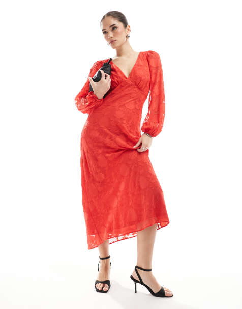 New Look – Langärmliges Midikleid in Rot mit Ausbrennermuster - view 1