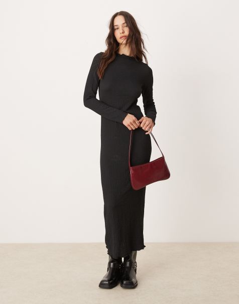 New Look – Langärmliges Midikleid in Schwarz mit Knitterstruktur - view 1