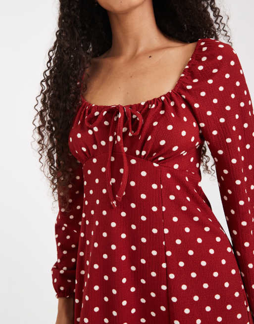 New Look – Langärmliges Minikleid im Milchmädchen-Stil in Rot mit Polka Dots, 3 von 4