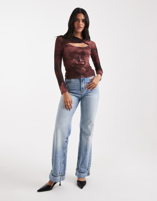 New Look – Langärmliges Oberteil aus geblümtem Netzstoff in Rot mit Cut-Out, 3 von 4