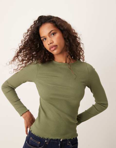 New Look – Langärmliges Oberteil in Khaki mit Wellensaum - view 1