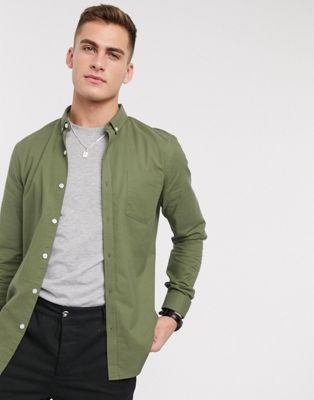 New Look – Langärmliges Oxford-Hemd aus Bio-Baumwolle in Khaki-Grün