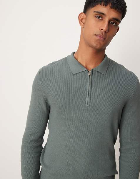 New Look – Langärmliges Polohemd in Khaki mit kurzem Reißverschluss - view 1