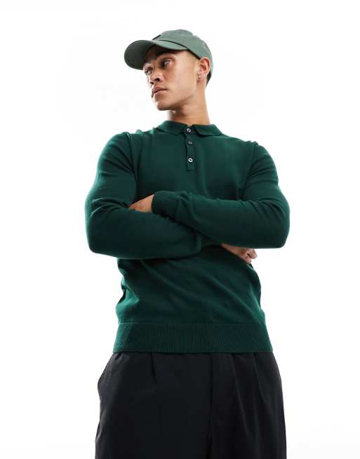 New Look – Langärmliges Poloshirt aus Strick in Dunkelgrün