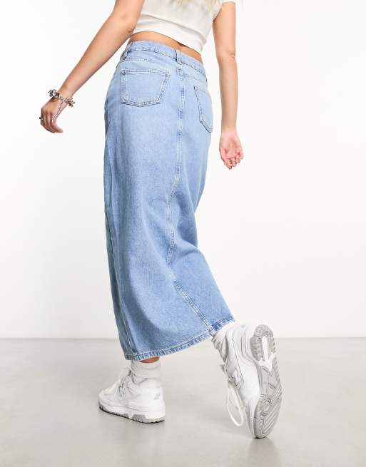 New Look - Lange denim rok met split voor in blauw met lichte wassing, 2 van 5