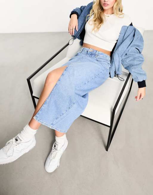 New Look - Lange denim rok met split voor in blauw met lichte wassing, 3 van 5