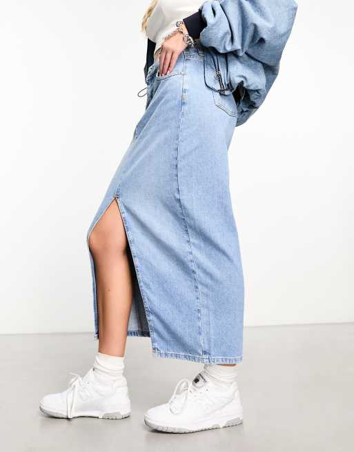 New Look - Lange denim rok met split voor in blauw met lichte wassing, 4 van 5