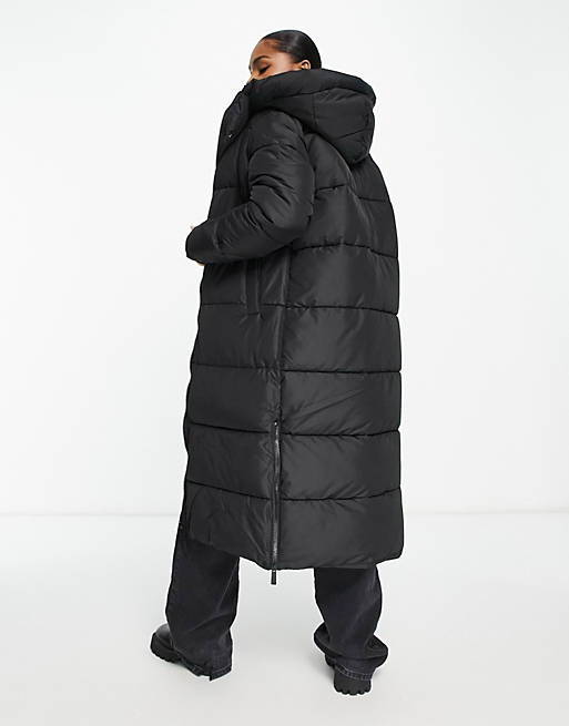 fabriek Alabama Geneeskunde New Look - Lange gewatteerde jas met capuchon in zwart | ASOS