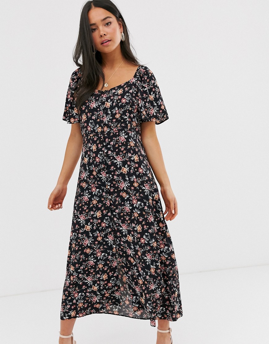 New Look - Lange jurk met vierkante hals en zwarte bloemenprint