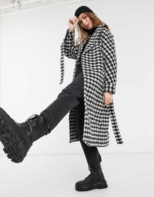 New Look - Lange pied-de-poule jas met ceintuur in zwarte ruit