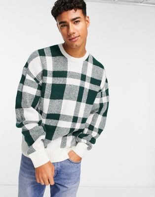 New Look large check relaxed fit jumper in dark green