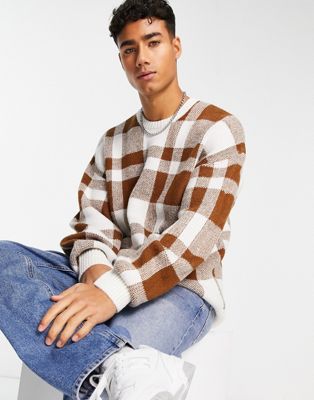 New Look large check relaxed fit jumper in mid brown - ASOS Price Checker