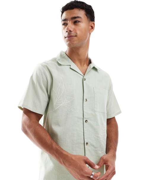 New look leaf embroidered linen blend revere shirt in sage green - view 1