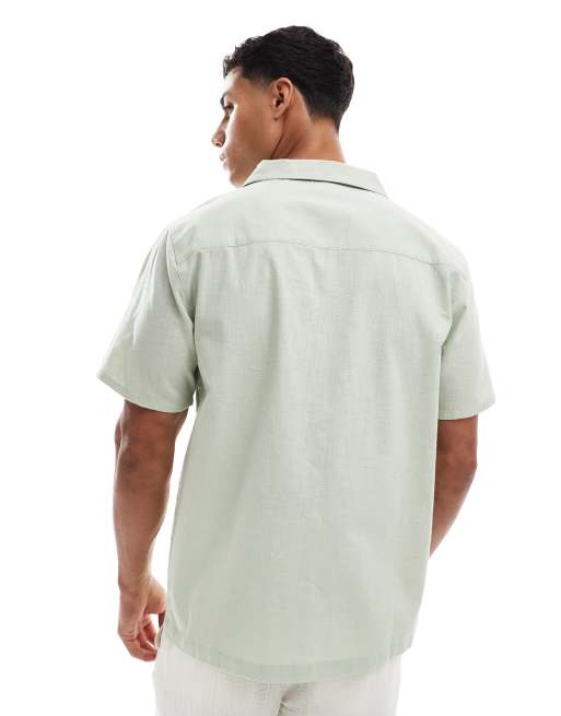 New look leaf embroidered linen look revere shirt in sage green , 4 of 4