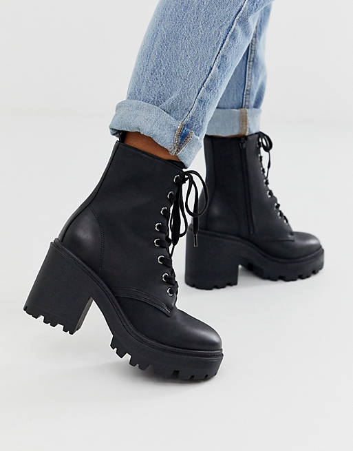New Look leather look heeled biker boots in black