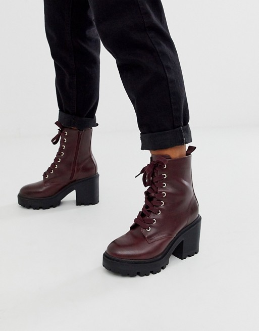 New Look leather look lace up heeled boot in burgundy