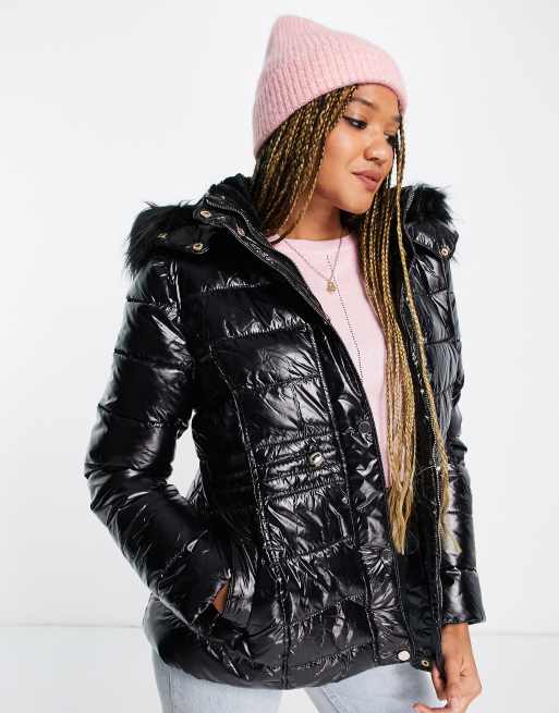 Black leather cheap look puffer jacket