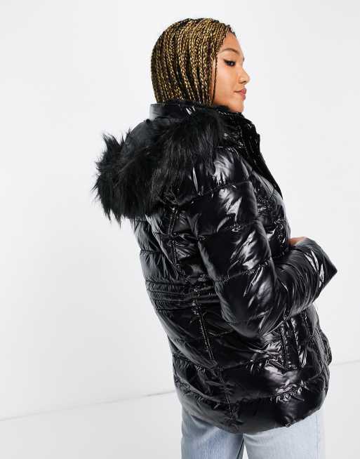 Black shiny coat with online fur hood new look