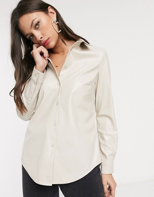 New Look leather look shirt in cream | ASOS
