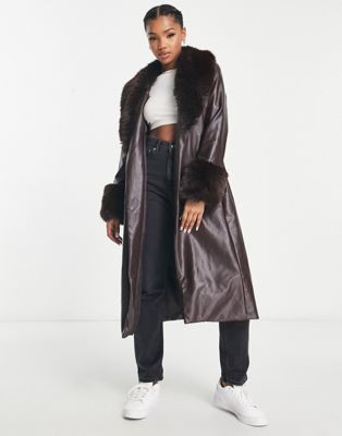 New Look leather look trench coat with faux fur collar and cuff detail in brown