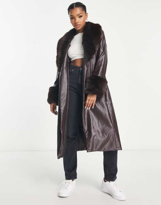 New Look leather look trench coat with faux fur collar and cuff