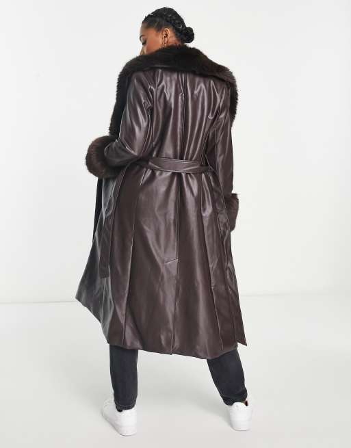 Long leather coat with cheap fur collar