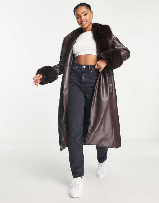 New Look leather look trench coat with faux fur collar and cuff