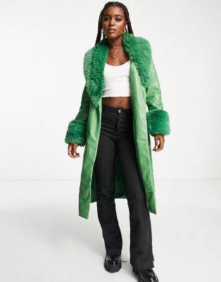 New Look leather look trench coat with faux fur collar and cuff detail in green