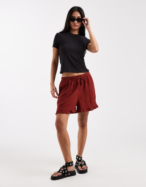 New Look – Leinen-Shorts zum Hineinschlüpfen in Rostrot mit Rüschen, 2 von 5