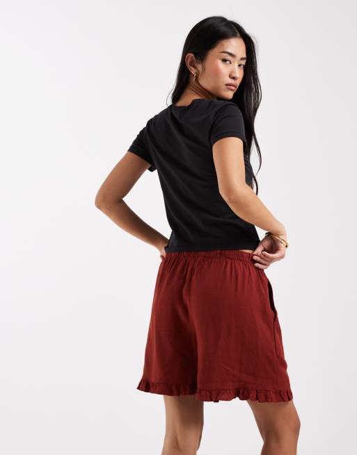 New Look – Leinen-Shorts zum Hineinschlüpfen in Rostrot mit Rüschen, 4 von 5