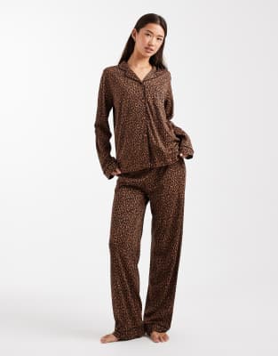 New Look leopard revere pyjamas in brown