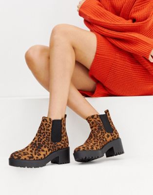 New Look – Leopardmönstrade, grova boots med platt sula-Sandfärgad