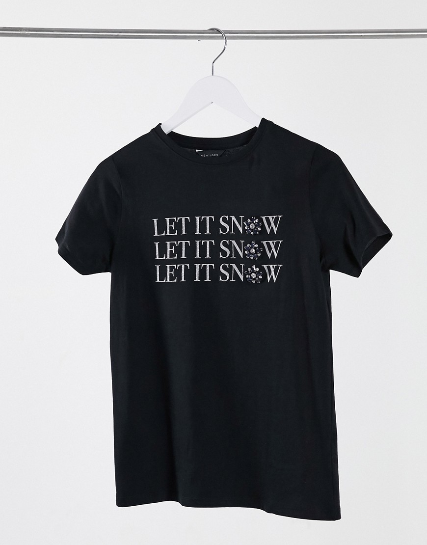 New Look let it snow slogan christmas t-shirt in black
