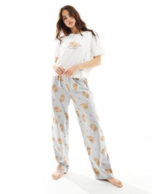 New Look 'Let's Sleep In' trouser pyjama set in white and grey