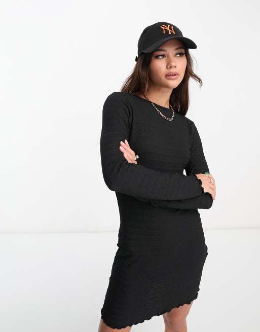 New Look lettuce edge crinkle long sleeve mini dress in black