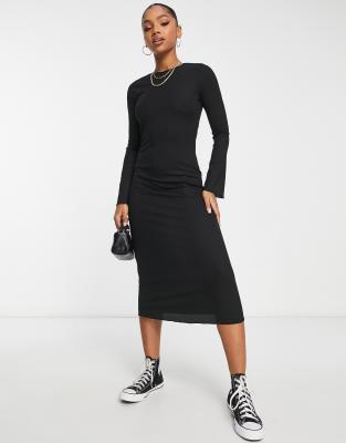 New Look Lettuce Edge Flared Sleeve Ribbed Midi Dress In Black