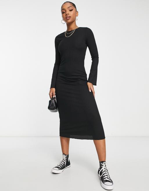 Black Crepe High Neck Split Sleeve Midi Dress