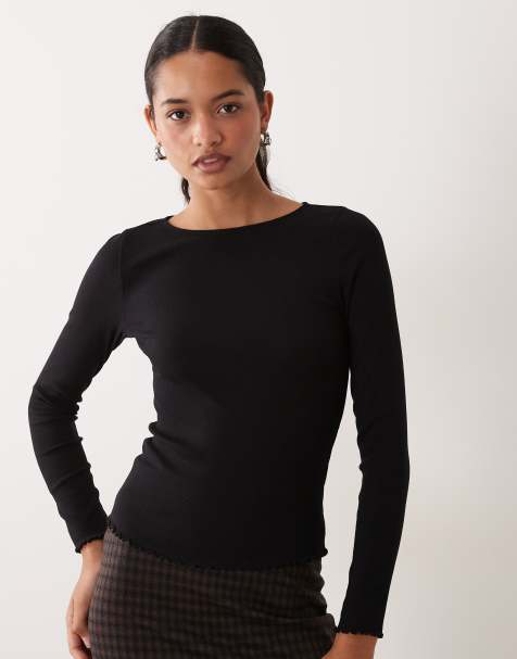 New Look lettuce edge long sleeve top in black - view 1