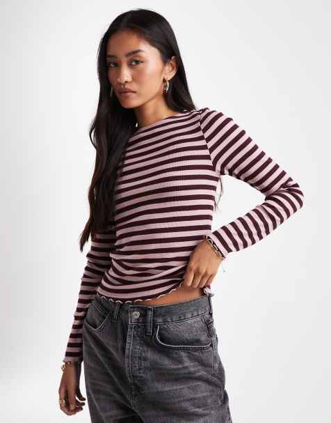 New Look lettuce edge long sleeve top in brown stripe - view 1
