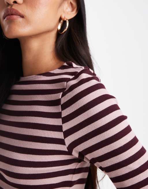 New Look lettuce edge long sleeve top in brown stripe