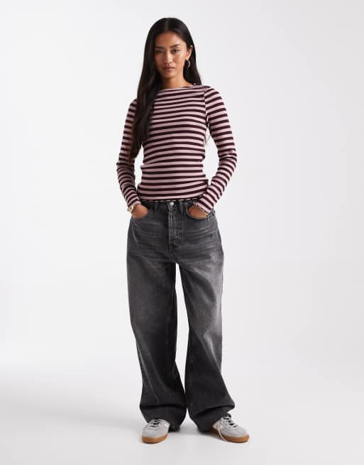New Look lettuce edge long sleeve top in brown stripe